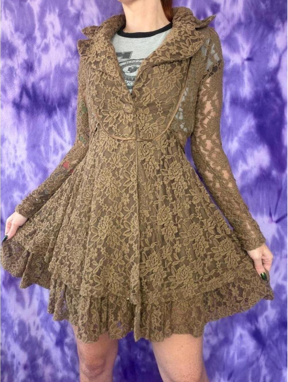 Brown lace lightweight jacket with frill hem